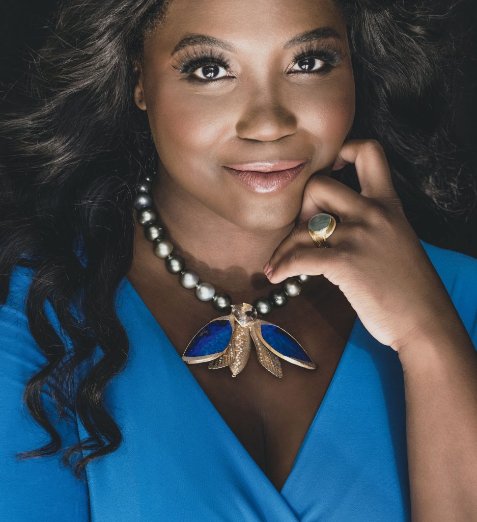 Portrait of soprano opera artist Angel Blue modeling world-class studio jewelry.  This was for Ivan Barnett's "Season of Blue" exhibition 2022.